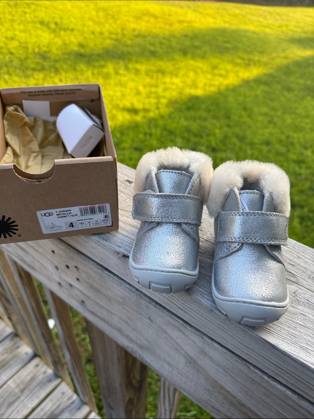 UGG Kids Metallic Silver Faux-Fur Velcro Booties